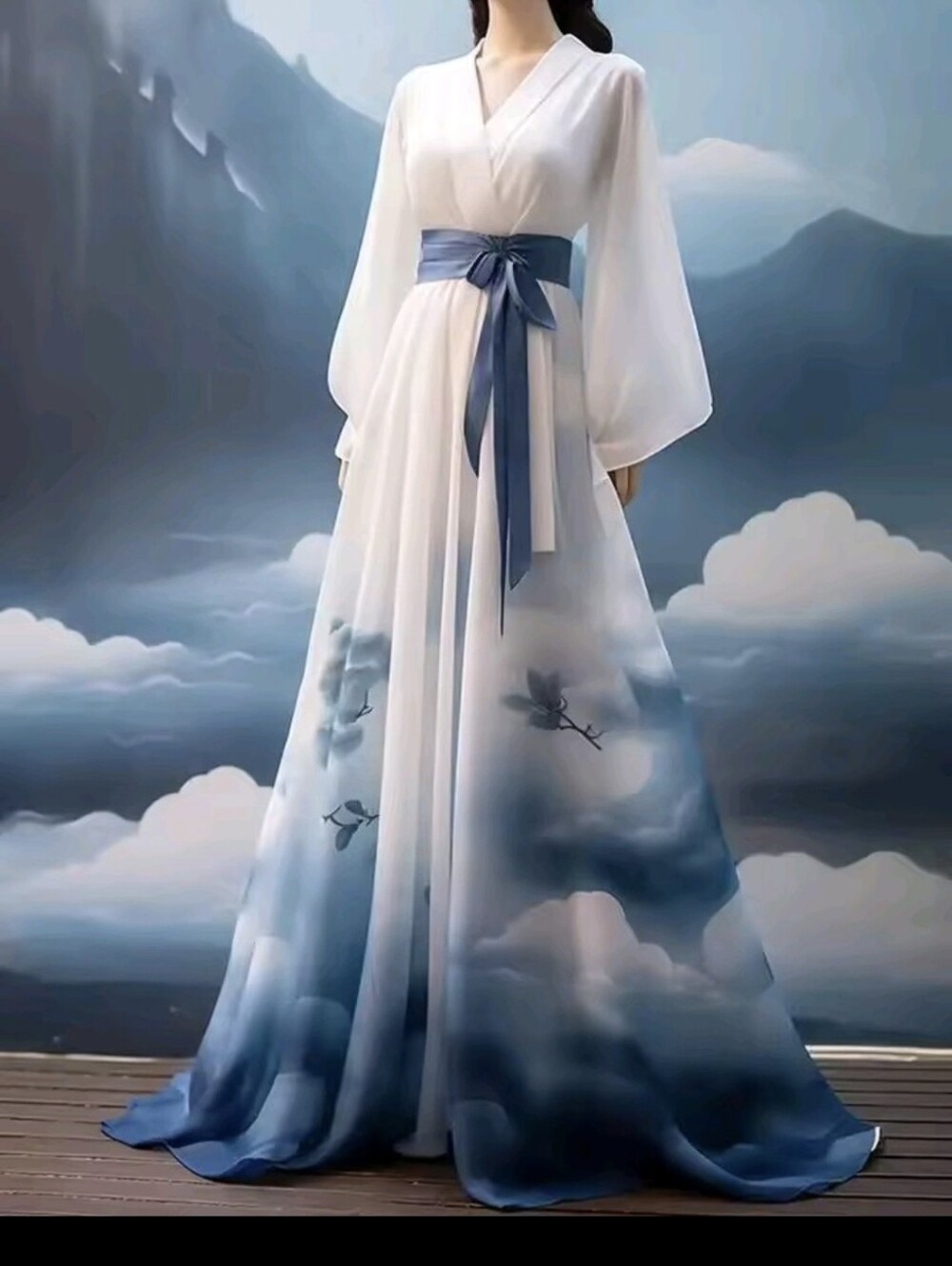 Graceful White to Blue Ombre Maxi Dress with Sash